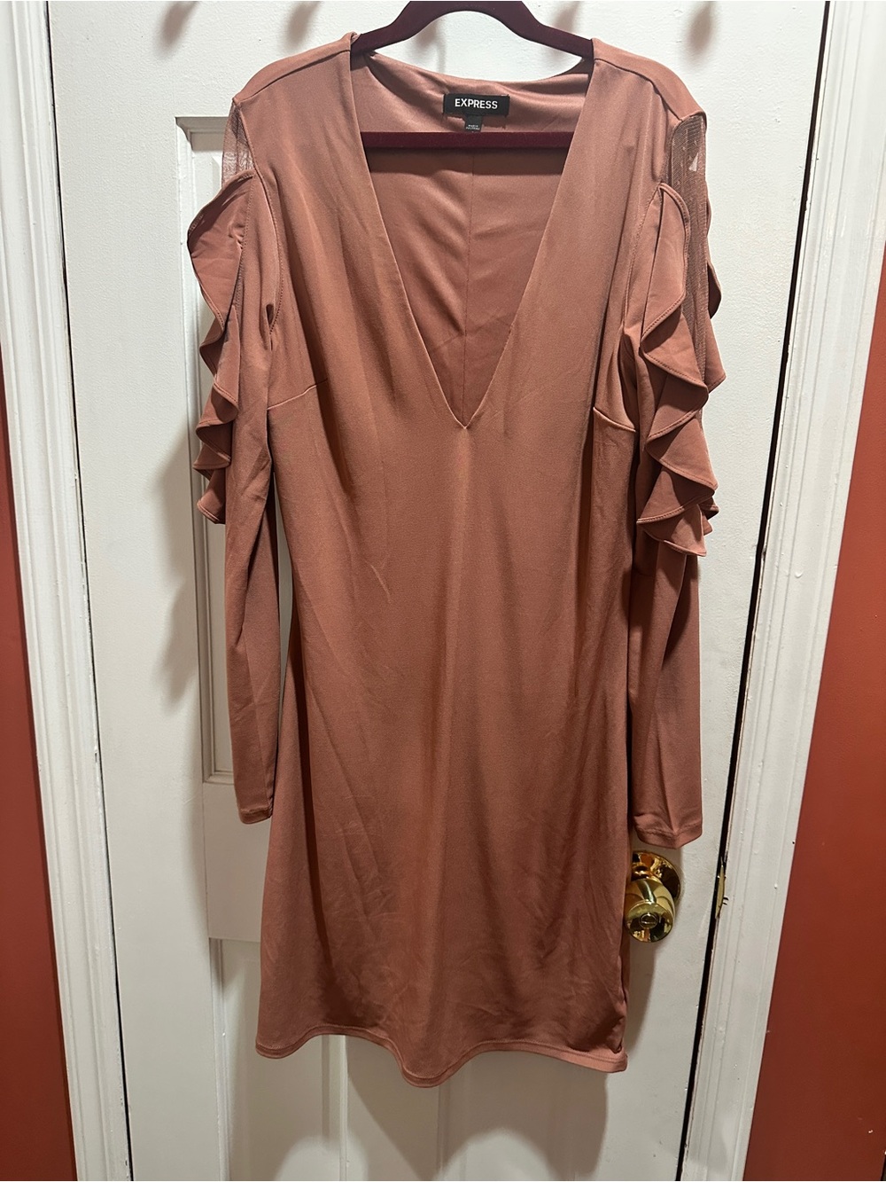 Express Mauve-Rose Ruffle Sleeve V-Neck Long Sleeve Dress